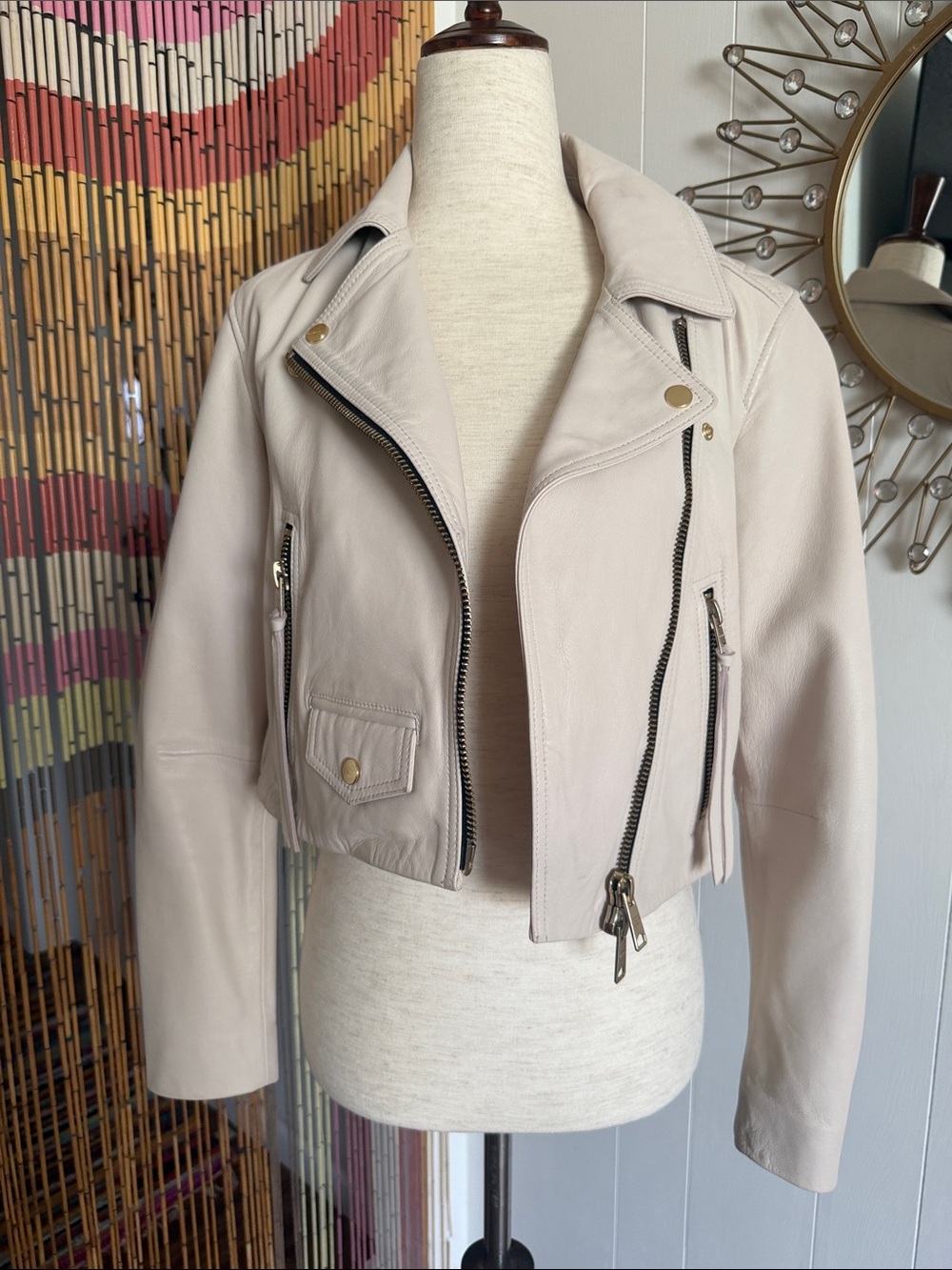 AllSaints Light Beige Cropped Leather Moto Jacket